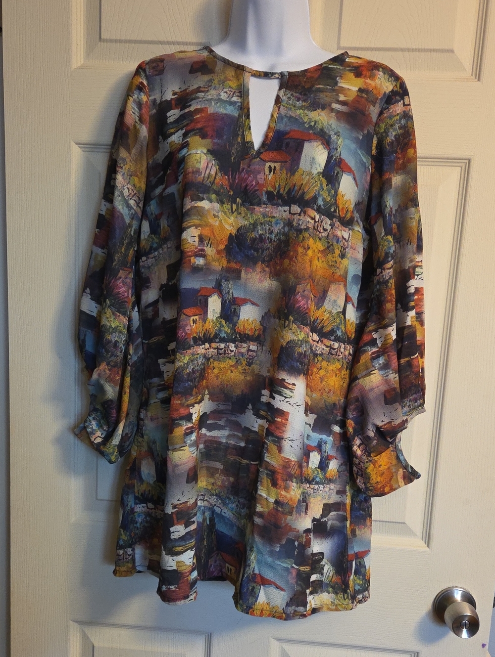 Uncle Frank Painterly Village Print Shift Dress Size Small